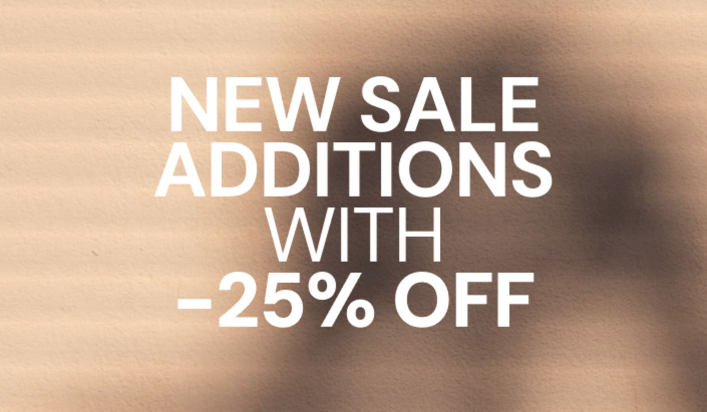 Promotional banner highlighting new sale additions with 25% off, displayed on a beige background with soft shadow patterns.