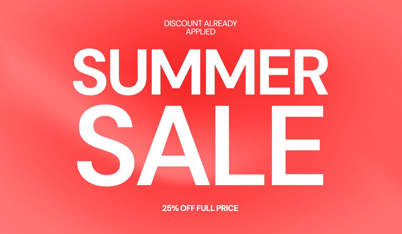 Bright coral background with bold white text highlighting a "Summer Sale". Includes details of 25% off full-price.The text also notes the discount is already applied.