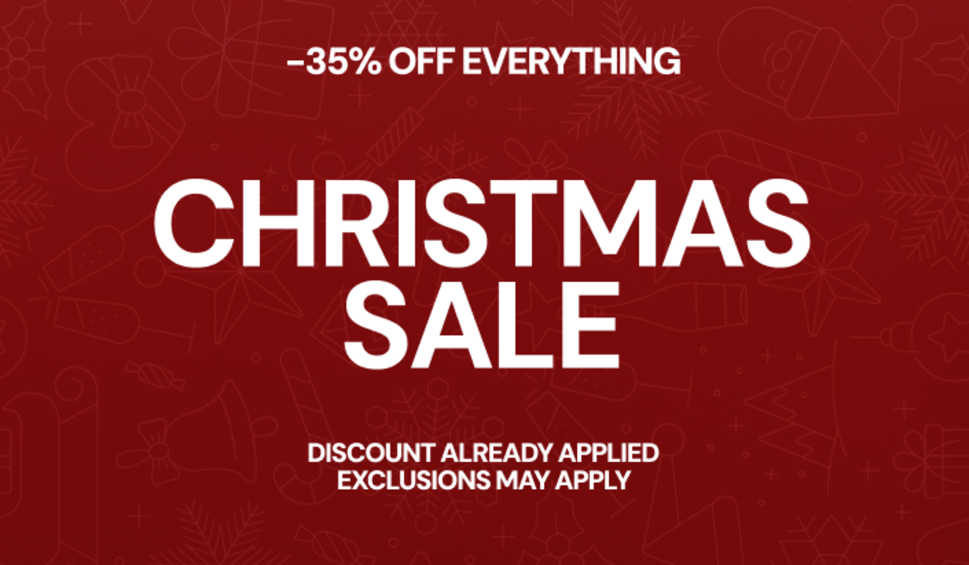 "Red background Christmas sale banner with large white text reading 'CHRISTMAS SALE'. Includes start date December 2, end date December 21, 35% off everything, discount already applied, exclusions may apply, and buttons for online and in-store shopping."
