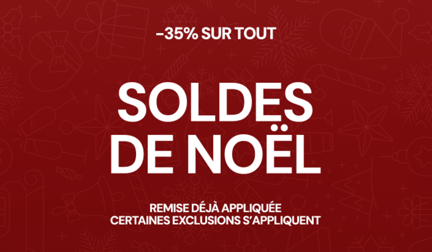 "Red background Christmas sale banner with large white text reading 'CHRISTMAS SALE'. Includes start date December 2, end date December 21, 35% off everything, discount already applied, exclusions may apply, and buttons for online and in-store shopping."