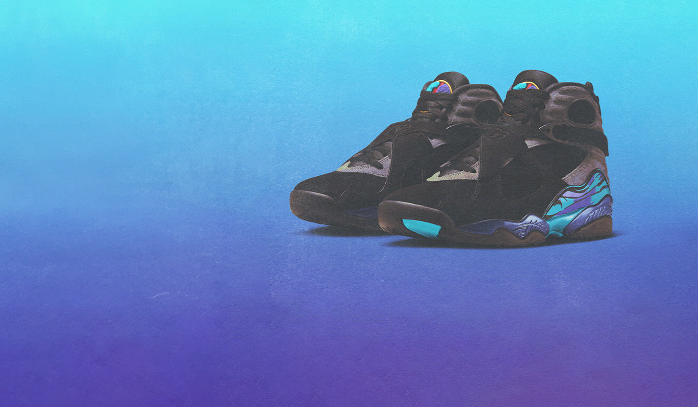 A pair of Air Jordan 8 Retro "Aqua" sneakers placed against a vibrant gradient background transitioning from light blue at the top to deep purple at the bottom. The shoes feature a black upper with aqua and purple accents, and the iconic multicolor pattern on the midsole.