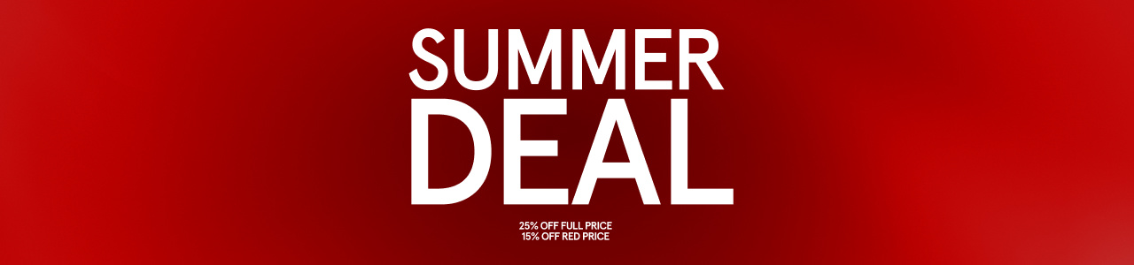 Red background with bold white text announcing a "Summer Deal" from July 11 to July 20. The image promotes a 25% discount on full-price items and 15% off red-price items, available both online and in-store. The text states that the discount is already applied.
