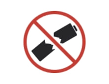 Red prohibition symbol over a cracked battery, indicating the battery must not be broken or damaged.