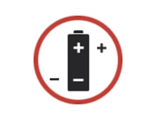 Red prohibition symbol over a battery icon with plus and minus signs, indicating not to improperly use or handle the battery.