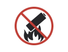 Red prohibition symbol over a battery above flames, indicating the battery must not be exposed to fire or heat.