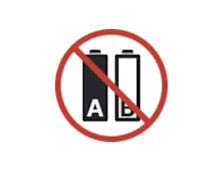 Red prohibition symbol over two different batteries labeled A and B, indicating different battery types must not be mixed.