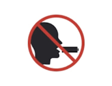 Red prohibition symbol over a person silhouette with a battery in the mouth, indicating the battery must not be swallowed.