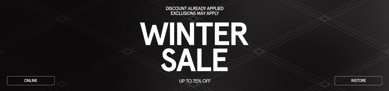 Black promotional banner with large white text reading 'Winter Sale'. Smaller text above says 'Discount already applied, exclusions may apply'. Buttons at the bottom labeled 'Online' and 'Instore', with 'Up to 75% off' in the center.