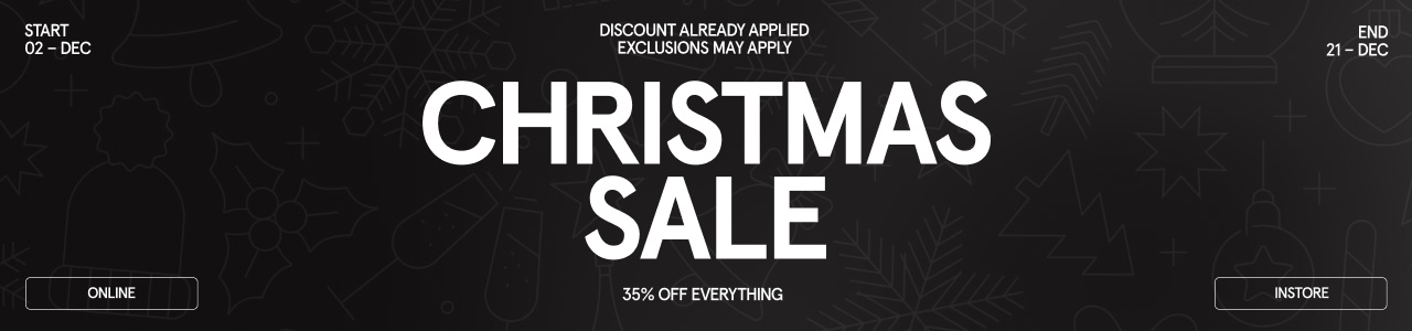 "Black background Christmas sale banner with large white text reading 'CHRISTMAS SALE'. Details include start date December 2, end date December 21, 35% off everything, discount already applied, exclusions may apply, and options for online and in-store shopping."