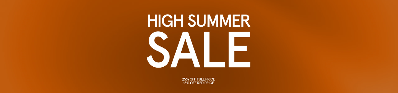 High Summer Sale banner with orange gradient background, white bold text showing '25% off full price, 15% off red price', and note 'discount already applied'.