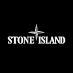 Logo of the brand "STONE ISLAND" in white uppercase letters with a four-pointed compass symbol above, on a black background.