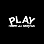 PLAY Comme des Garçons logo in white letters with playful curved typography on a black background.
