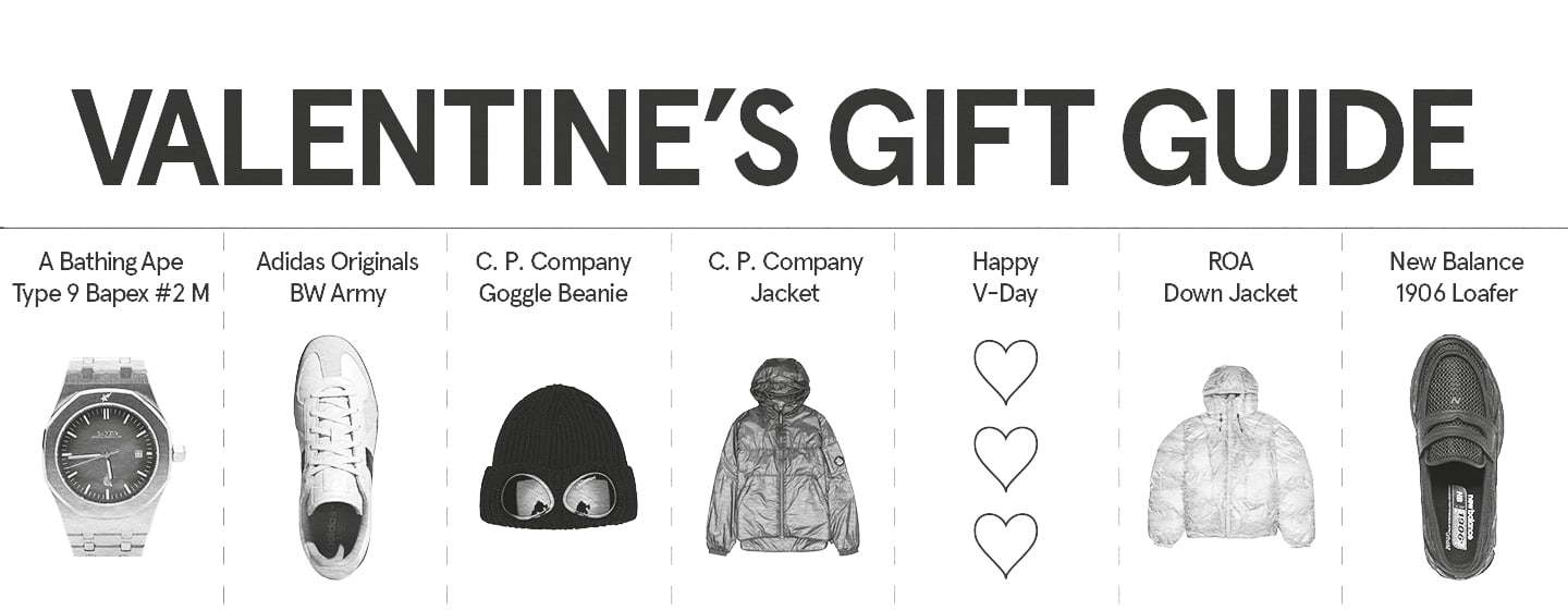 Black‑and‑white Valentine’s Gift Guide layout displaying a row of curated products with labels, including a watch, sneakers, a goggle beanie, jackets, and loafers, separated by dotted lines and accompanied by simple heart icons.