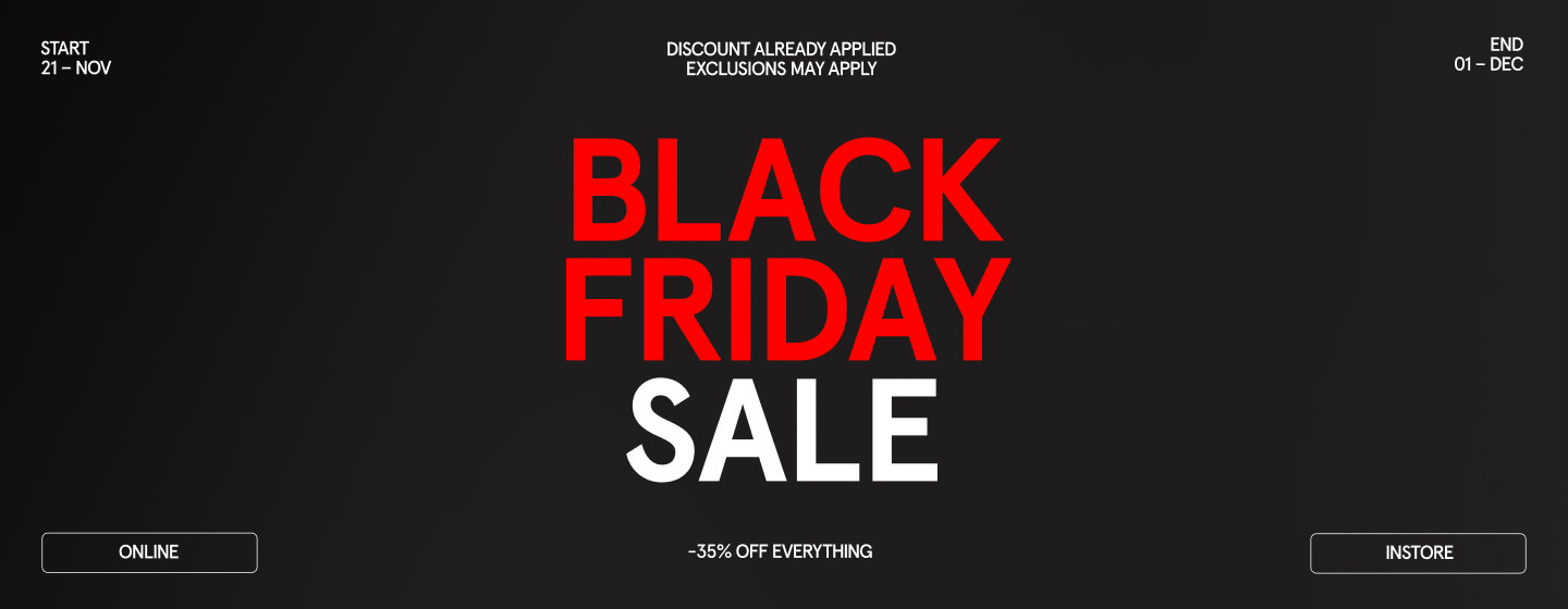 Black Friday Sale promotional banner with a black background. Large red text reads ‘BLACK FRIDAY’ and white text reads ‘SALE’. Additional details: Start November 21, End December 1, 35% off everything, note says ‘Discount already applied, exclusions may apply’. Buttons labeled ‘Online’ and ‘Instore’, brand name MBCY at the top.