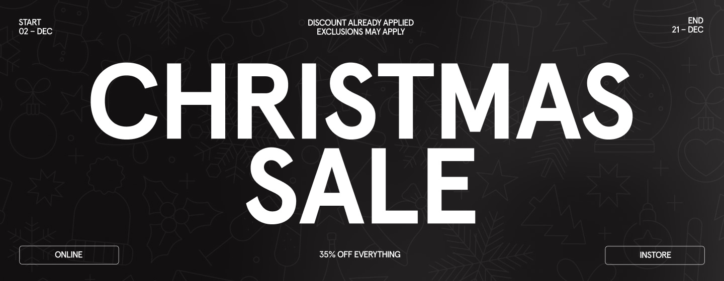 "Black background Christmas sale banner with large white text reading 'CHRISTMAS SALE'. Details include start date December 2, end date December 21, 35% off everything, discount already applied, exclusions may apply, and options for online and in-store shopping."