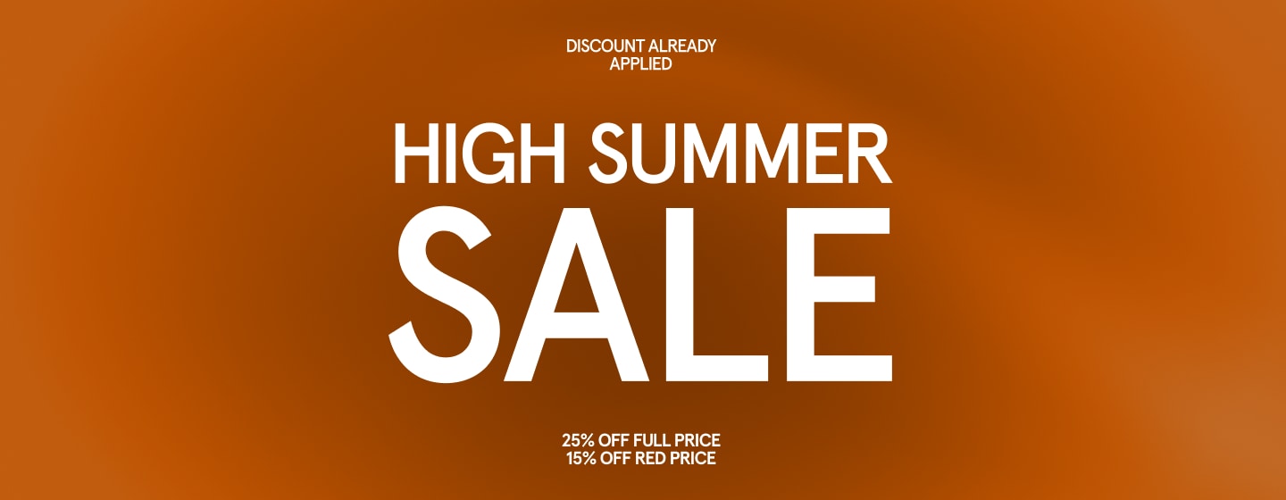 High Summer Sale banner with orange gradient background, white bold text showing '25% off full price, 15% off red price', and note 'discount already applied'.