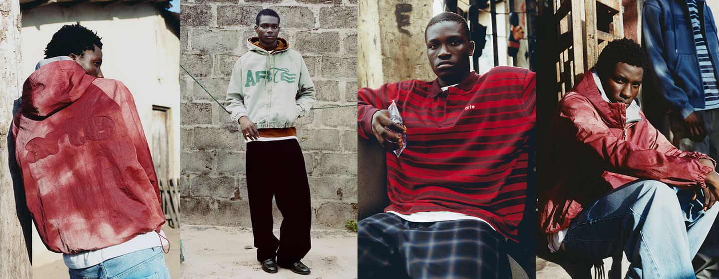 Campaign collage showcasing Arte Antwerp apparel, including graphic outerwear, hoodies, polo shirts, and relaxed-fit trousers, styled in an urban setting with a focus on contemporary silhouettes and bold branding.