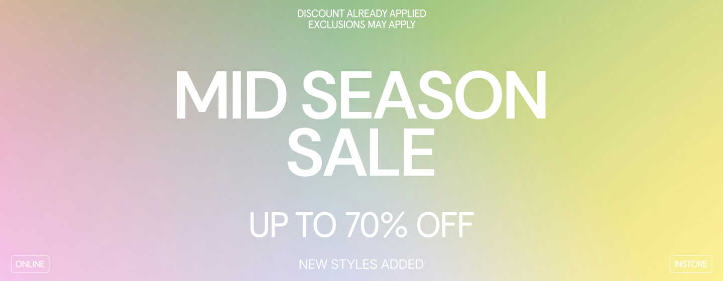 Mid-season sale graphic with soft gradient background, large white text reading “MID SEASON SALE,” “UP TO 70% OFF,” and smaller notes “DISCOUNT ALREADY APPLIED,” “EXCLUSIONS MAY APPLY,” “NEW STYLES ADDED,” plus “ONLINE” and “INSTORE” labels.
