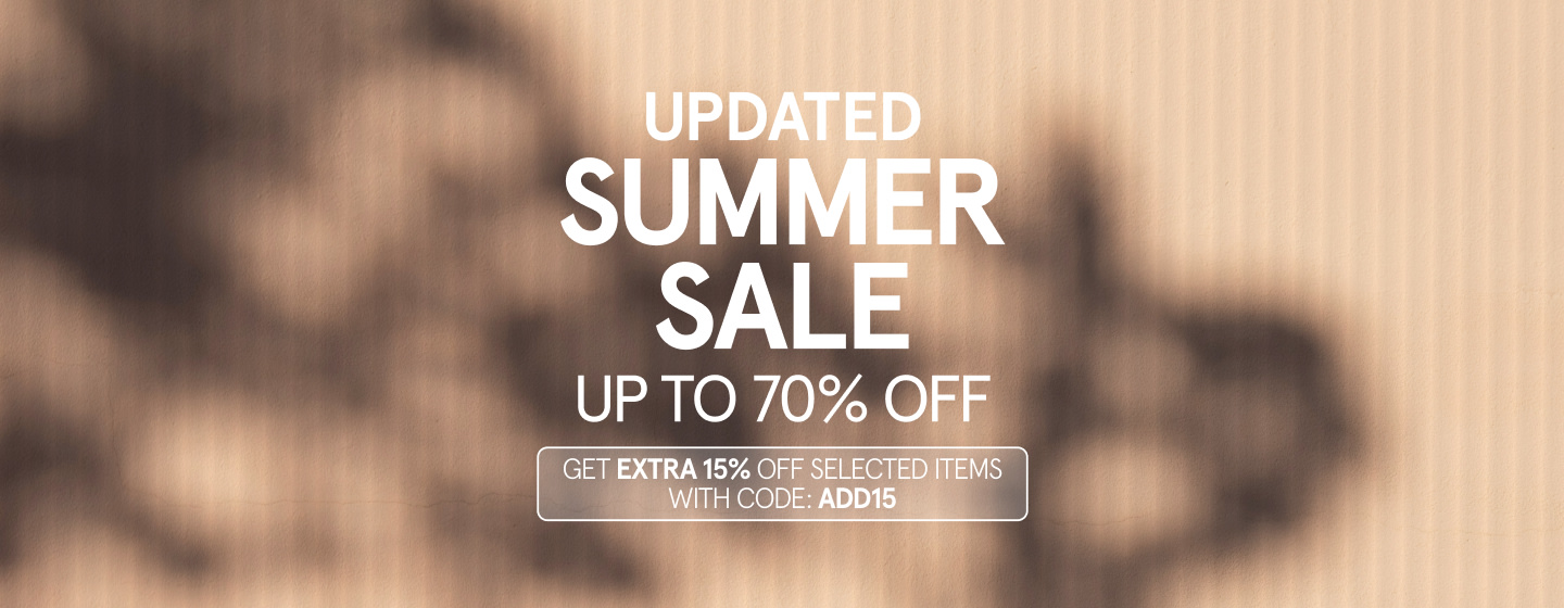 Updated Summer Sale banner with up to 70% off and an extra 15% discount on selected items using code ADD15, displayed over a beige background with soft shadow patterns.