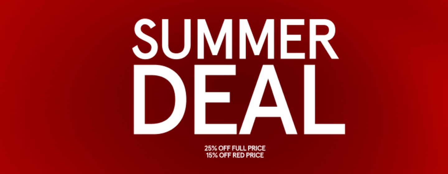 Red background with bold white text announcing a "Summer Deal" from July 11 to July 20. The image promotes a 25% discount on full-price items and 15% off red-price items, available both online and in-store. The text states that the discount is already applied.