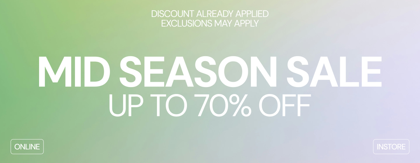 Wide mid-season sale banner with pastel gradient background. White text reads “Mid Season Sale – Up to 70% off”. Small note: “Discount already applied, exclusions may apply”. Buttons: “Online” and “In-store”