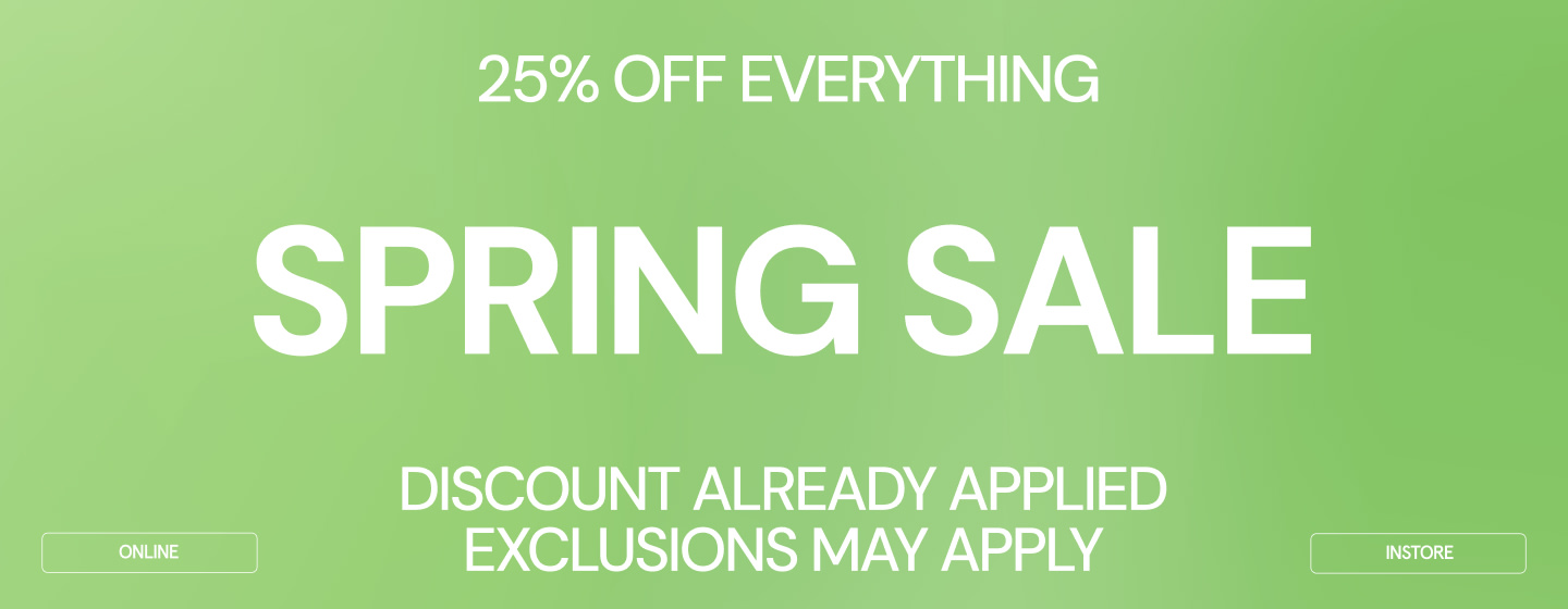 Green promotional banner announcing a Spring Sale with bold text reading “Spring Sale” and “25% off everything,” including buttons for online and in-store shopping.