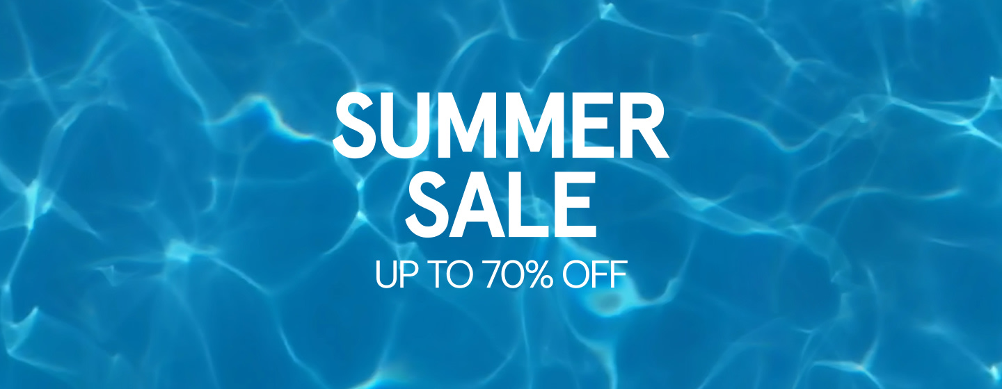 Blue water pool background with light reflections and white text reading “SUMMER SALE – UP TO 70% OFF”.