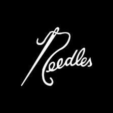 Needles brand logo in white cursive script resembling a needle shape on a black background.