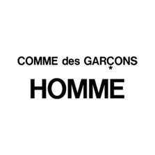 Black Comme des Garçons Homme logo with bold uppercase typography on a light background.