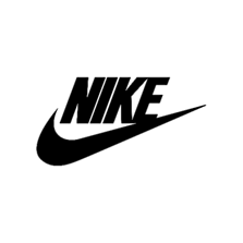 Nike logo displayed in black, featuring the italicized ‘NIKE’ wordmark above the iconic Swoosh, set against a white background.