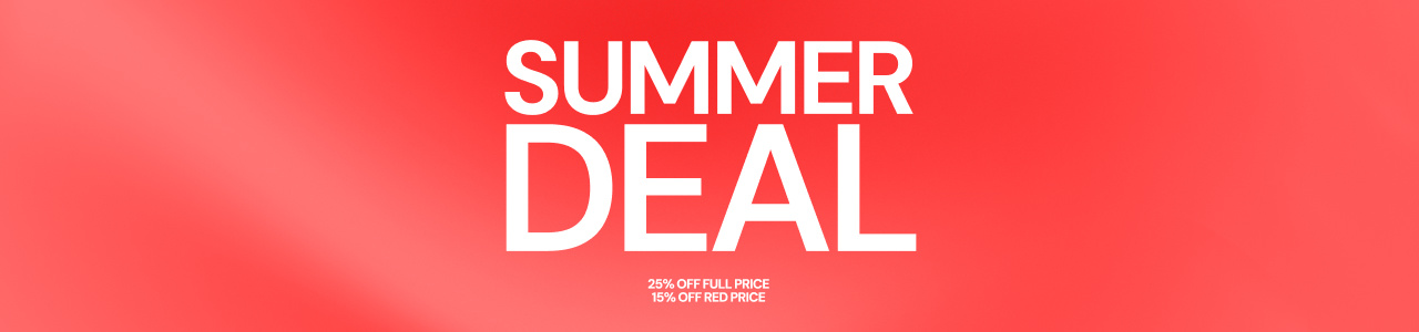 Bright coral background with bold white text highlighting a "Summer Deal" from July 11 to July 20. Includes details of 25% off full-price and 15% off red-price items, applicable online and in-store. The text also notes the discount is already applied.