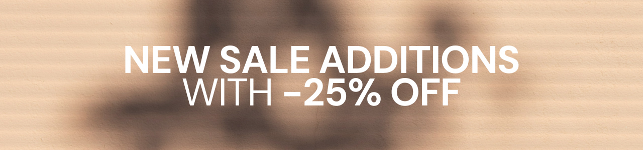 Promotional banner highlighting new sale additions with 25% off, displayed on a beige background with soft shadow patterns.