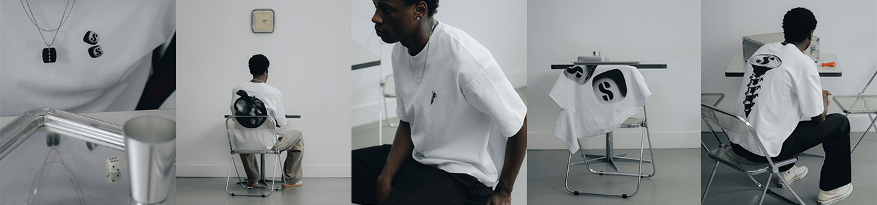 Pieces from the solebox Capsule x Ordinary Objects collection, featuring graphic white T-shirts styled in a minimalist interior.
