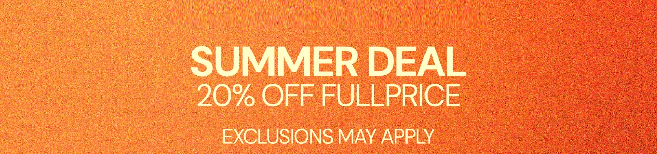 Summer Deal promotional banner featuring 20% off full-price items and applicable exclusions on a bright orange gradient background.