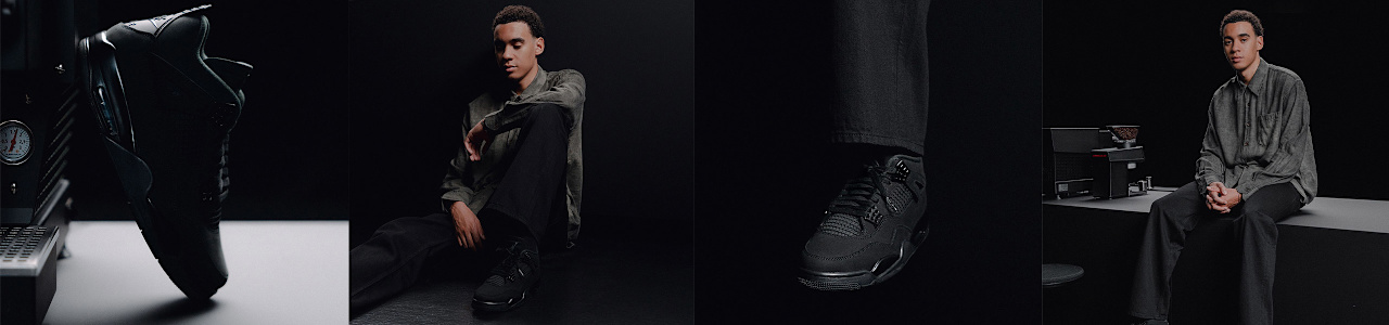 Series of images showing a black sneaker near industrial equipment, a person seated on the floor wearing the sneakers, a close-up of the sneaker on one foot, and a final shot of the person sitting on a table wearing the sneakers.
