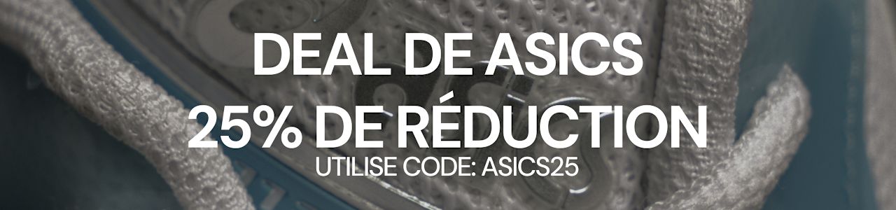 Visuel promotionnel ASICS avec gros plan sur une chaussure blanche et bleue, offrant 25 % de réduction avec le code ASICS25.  Geben Sie Ihr Feedback zu BizChat ab.