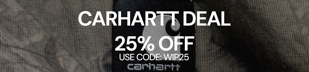 Carhartt WIP promotional banner featuring a close-up of a garment label on textured fabric, displaying a 25% discount offer with the code WIP25.