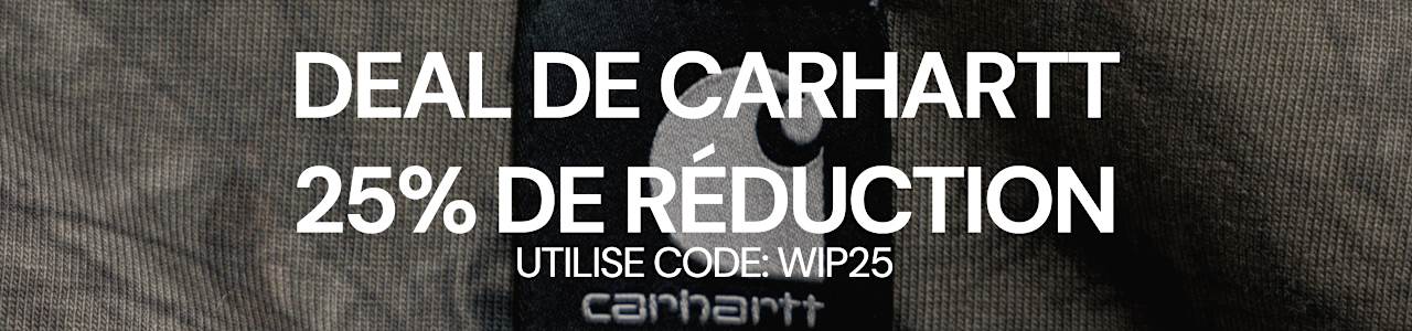 Bannière promotionnelle Carhartt WIP avec étiquette Carhartt en gros plan et offre de 25 % de réduction avec le code WIP25.