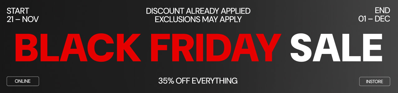 Black Friday Sale banner with a black background. Large red text reads ‘BLACK FRIDAY’ and white text reads ‘SALE’. Additional details: Start November 21, End December 1, 35% off everything, note says ‘Discount already applied, exclusions may apply’. Buttons labeled ‘Online’ and ‘Instore’.
