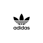Adidas Trefoil logo with three black leaves and horizontal stripes, above the word 'adidas' in lowercase letters, on a white background."