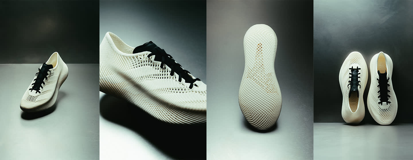 Four-angle view of the Adidas Climacool Laced shoe in white with black laces, showing the front, side, sole, and top-down perspective on a grey background.