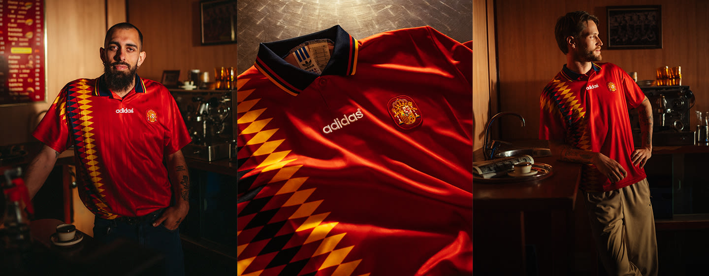 Spain 1994 home football jersey in a three-panel lifestyle image featuring full-body views and a detailed close-up of the iconic red adidas shirt with geometric yellow and navy graphics.