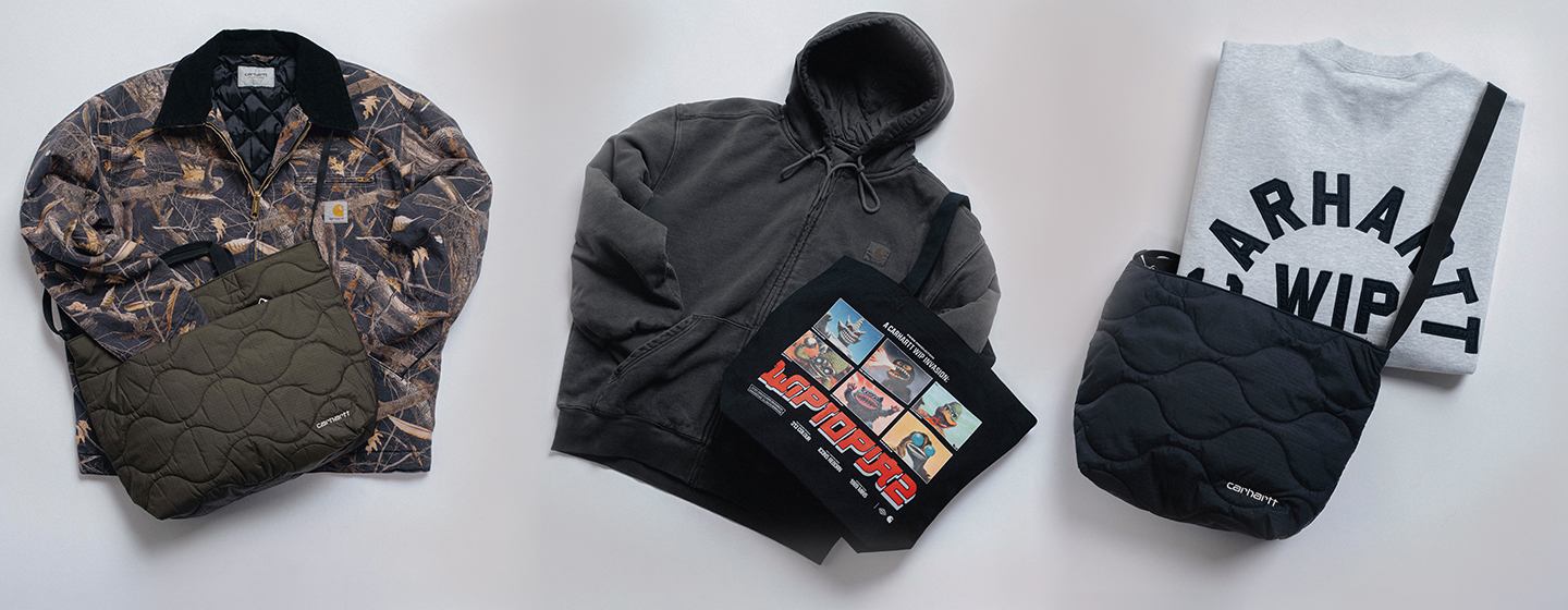 Copilot said: Alt Text (EN): Flat lay featuring three Carhartt WIP apparel and accessory looks on a light background, including a camouflage quarter-zip shirt, a faded black hooded sweatshirt, a grey Carhartt WIP logo crewneck, and quilted crossbody bags in olive and black.