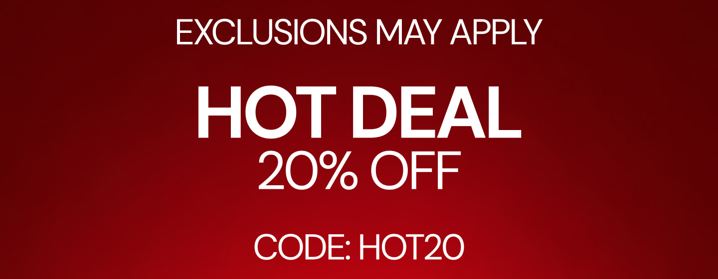 Red promotional banner with white text reading “HOT DEAL 20% OFF” and discount code “HOT20,” with smaller text above stating “Exclusions may apply.”
