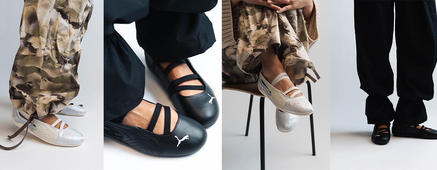 The image displays the Puma Speedcat Ballet shoes in a variety of colors, including silver and black. The design features crisscross straps for a sleek and sporty look, with the Puma logo subtly placed on each shoe. The shoes are paired with relaxed, loose-fitting pants, emphasizing a casual, modern style.
