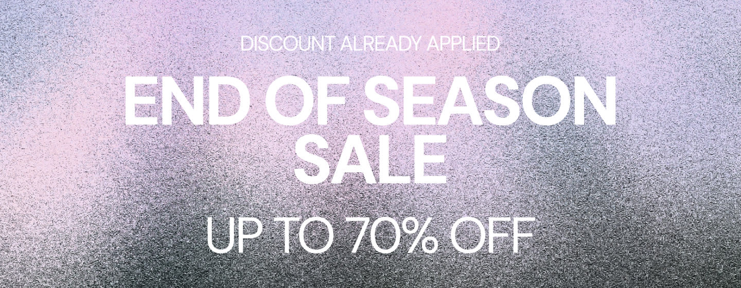 End of Season Sale promotional banner with a soft purple and pink gradient background, featuring the text “Discount Already Applied,” “End of Season Sale,” and “Up to 70% Off” in large white lettering.