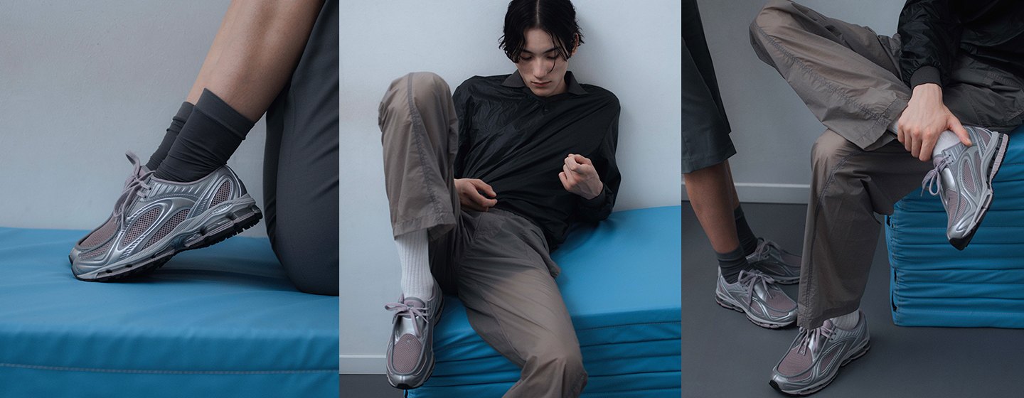 New Balance Moc Toe sneakers in metallic silver and grey, styled with neutral outfits across three campaign shots.