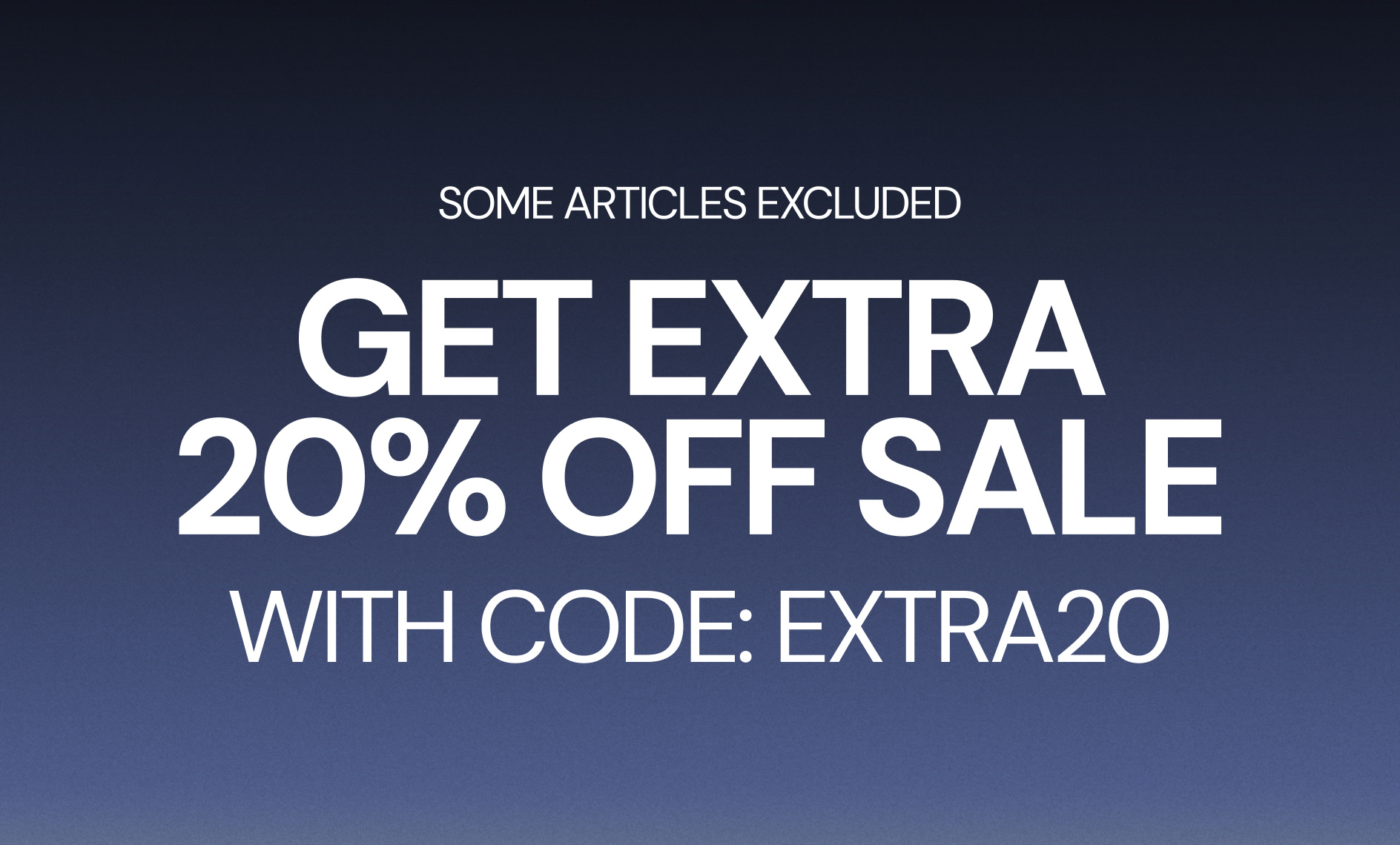 Sale promotion banner with a blue gradient background, highlighting an extra 20% off sale items with the code EXTRA20. Some articles are excluded from the offer.