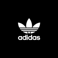 Adidas Trefoil logo with three white leaves and horizontal stripes, above the word 'adidas' in lowercase letters, on a black background.