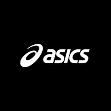 ASICS logo with a stylized oval swirl symbol followed by the word 'asics' in lowercase letters, in white on a black background.